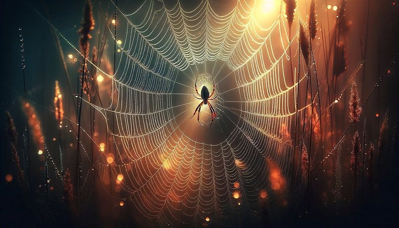Rosée matinale sur toile d'araignée dans la première lumière par artefacti
