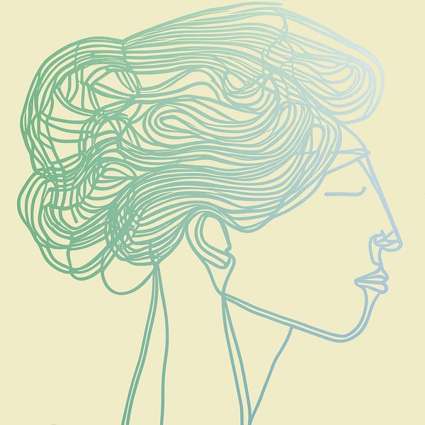 Women&#039;s head blue-green on beige by Harmanna Digital Art