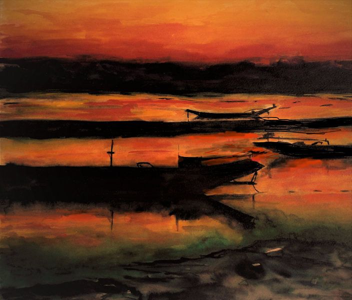 Ondergaande zon in Thailand. Impressionistische aquarel van Ineke de Rijk