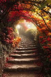 Steintreppe im herbstlichen Wald mit buntem Laub von Art & Soul Creations