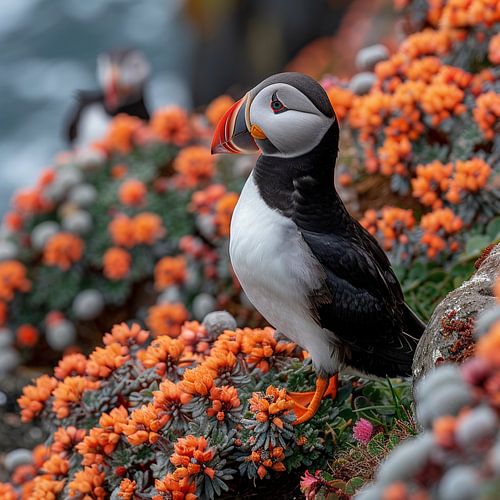Atlantic Puffin Bird Perched On Orange Flowers
