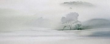 ZEN Kunst: Mistig Panorama van een bomen landschap van Studio Pieternel