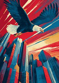 Aigle au-dessus d'une ligne d'horizon urbaine sur Pixelbull Design