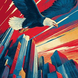 Aigle au-dessus d'une ligne d'horizon urbaine sur Pixelbull Design