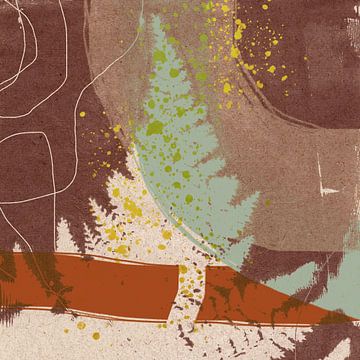 Abstracte retro botanische bladeren in taupe, groen, roest, goud, geel, wit van Dina Dankers