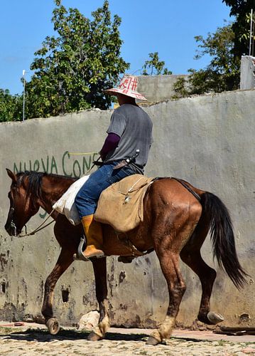 Cubanse boer op dravend paard, portret