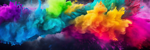 Regenbogenfarbenes Holi-Pulver-Burst-Banner, Kunstdesign auf schwarzem Hintergrund