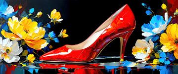 Rode schoen op een zwarte spiegelachtergrond - De verleiding van elegantie en de vluchtige omhelzing van bloemen: een panorama van sensualiteit, kracht en vluchtige aanwezigheid van AidasignArt