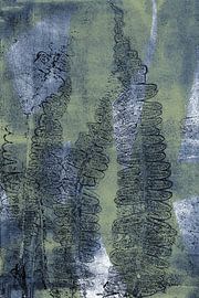 Modern botanical art. Fern leaves and abstract shapes in blue, green and black by Dina Dankers