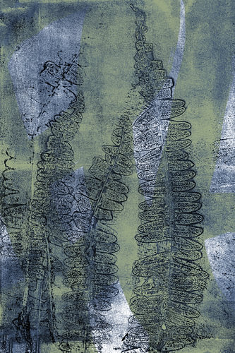Moderne botanische kunst. Varensbladeren en abstracte vormen in blauw, groen en zwart