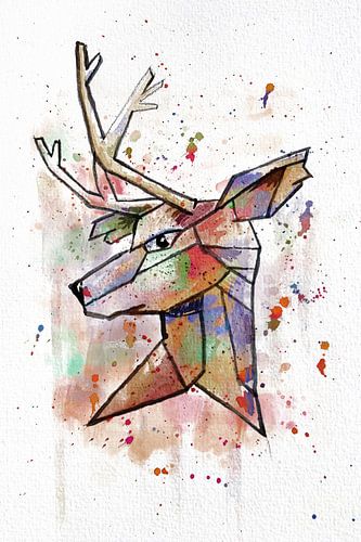 Stoer aquarel schilderij, een hertkenkop met prachtige kleuren