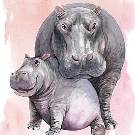 Hippopotame avec son petit sur Printed Artings