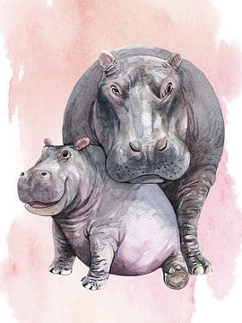 Nijlpaard met jong van Printed Artings
