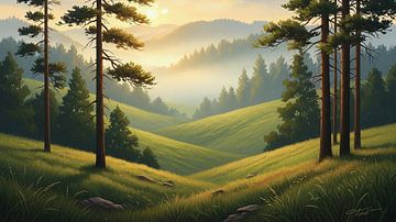 Golden Morning Valley with Pine Forest
