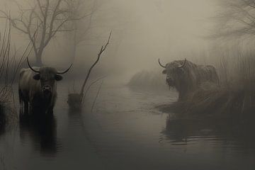 Misty Encounter: Scottish Highlanders in Broekpolder by Karina Brouwer