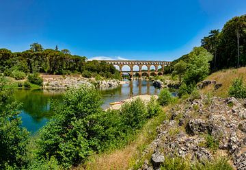 Roman aqueduct, Pont du Gard over the river Gardon, Remoulins, Provence Vaucluse, France,