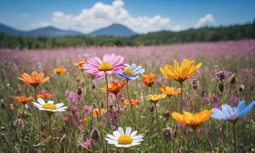 Een bloemenveld met een blauwe lucht op de achtergrond