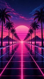 Neon Tropical Sunset Highway With Palm Trees And Retro Futuristic Grid Landscape by Alfonz