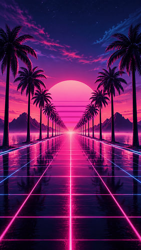 Neonkleurige ‘Tropical Sunset Highway’ met palmbomen en een retro-futuristisch rasterlandschap