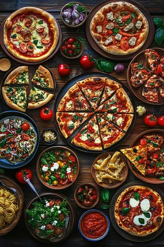 Gevarieerde pizzaborden op een houten tafel