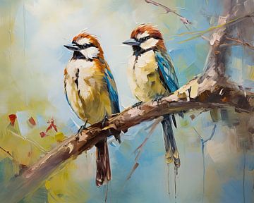 Zwei bunte Vögel | Vogel-Impressionismus von Blikvanger Schilderijen