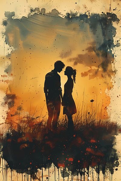 Couple against a Colourful Sunset by Art & Soul Creations