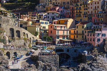 Houses and rocks in Manarola on the Mediterranean coast in Italy by Rico Ködder