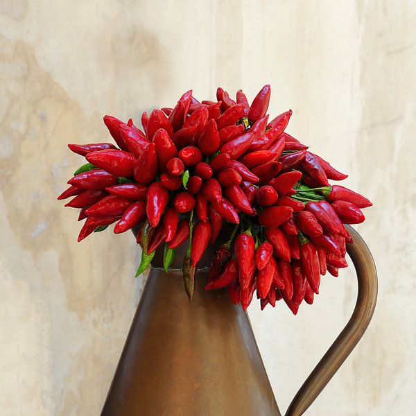 Copper vase with bouquet of red peppers by Annavee