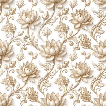 Indonesian Lotus Floral Seamless Pattern in Soft Beige