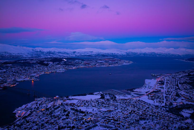 Arctic Panorama from Fjellheisen: Purple-Blue View of Tromsø for Wall Decoration by Eriks Photoshop