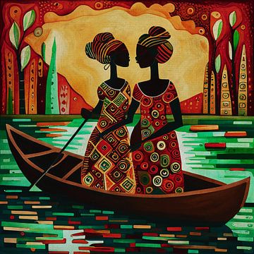African women sailing in a canoe on the river