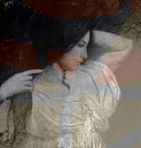 Vintage portret van een jonge vrouw in roestige metaalkleuren en grijs.