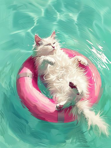 De witte kat geniet van het leven