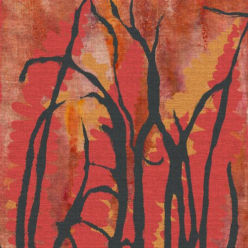 Kleurrijk wandtapijt. Gras- en varenbladeren in rood, geel en roestbruin.