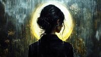 Vrouw voor een lichtgevende schijf van Frank Heinz thumbnail