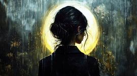 Frau vor leuchtender Scheibe von Frank Heinz