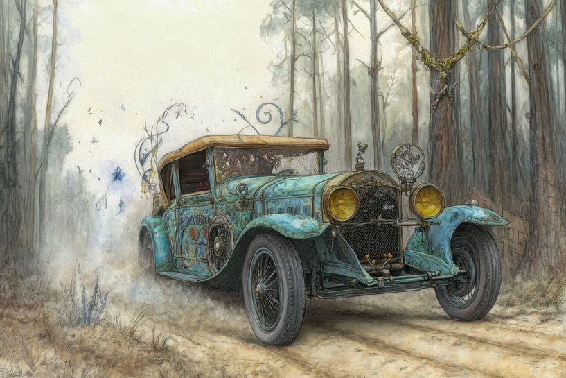 Tekening van een  vintage oldtimer "Vintage Forest Adventure" van Peter Pen tekeningen en schilderijen