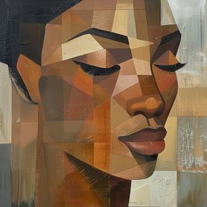 Cubist portrait of a woman in warm earthy tones