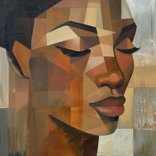 Cubist portrait of a woman in warm earthy tones