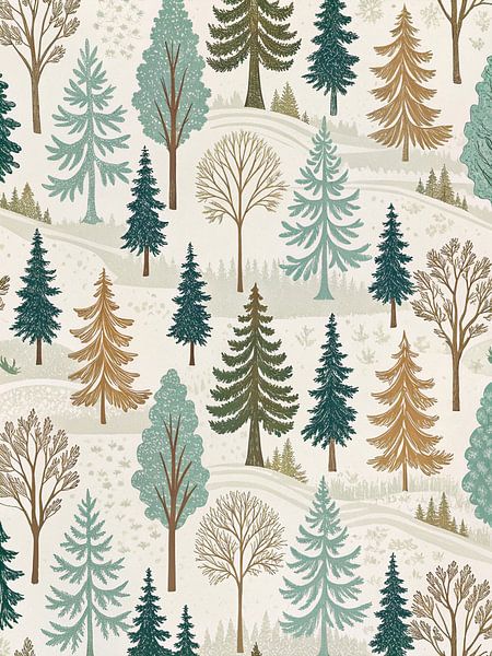 Sérénité de la forêt d'hiver : Un motif sans couture d'arbres à feuilles persistantes et de collines enneigées par Artistic