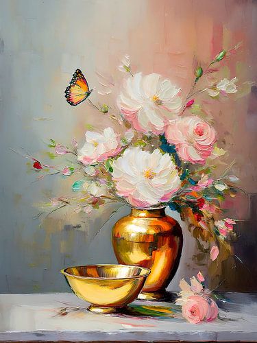 Stilleven schilderij: Vlindertje en Pioenrozen