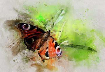 Pauw vlinder op wilg - aquarel stijl van Western Exposure