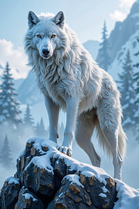 Fantasy Art Wandbild: WULFARON – Ein weißer Wolf auf einem Felsen im Winter