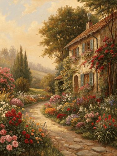 Peinture à l'huile en impasto représentant le jardin pittoresque d'un cottage à la campagne