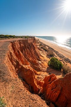 Zonneschijn op het strand van Praia da Falésia in de Algarve, Portugal van Leo Schindzielorz