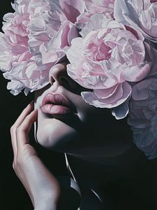 Frau mit rosa Blumen – Luxuriöse und verträumte Wanddekoration