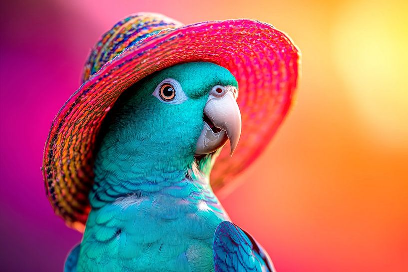 Colourful parrot with straw hat at sunset by Poster Art Shop