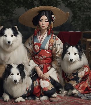 Geisha met drie wolfshonden.