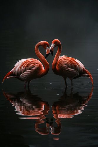 Twee flamingos en hun reflectie in water