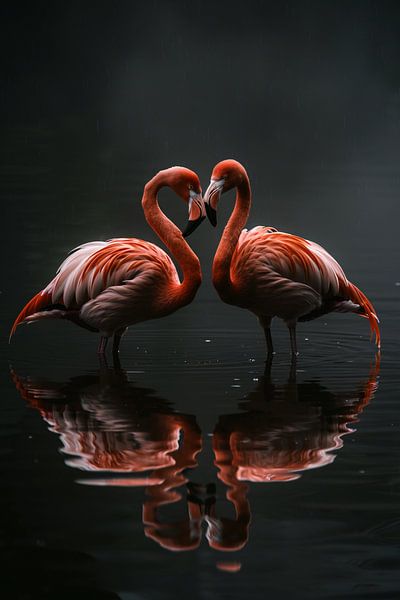 Zwei Flamingos und ihre Spiegelung im Wasser von Art & Soul Creations